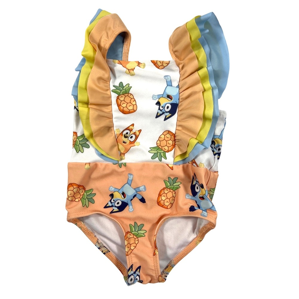 Bluey Bingo Ruffle One Piece Swimsuit Toddler Girls 18M Orange Blue EUC